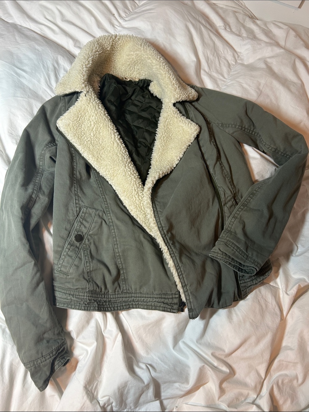 Hollister Olive Green Teddy Jacket with Cream Sherpa Collar